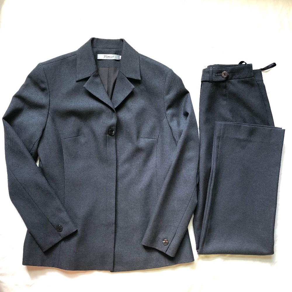 Vtg Pant Blazer Jacket 2 pc Trousers Suit Set Business Workwear Dark Gray Sz S